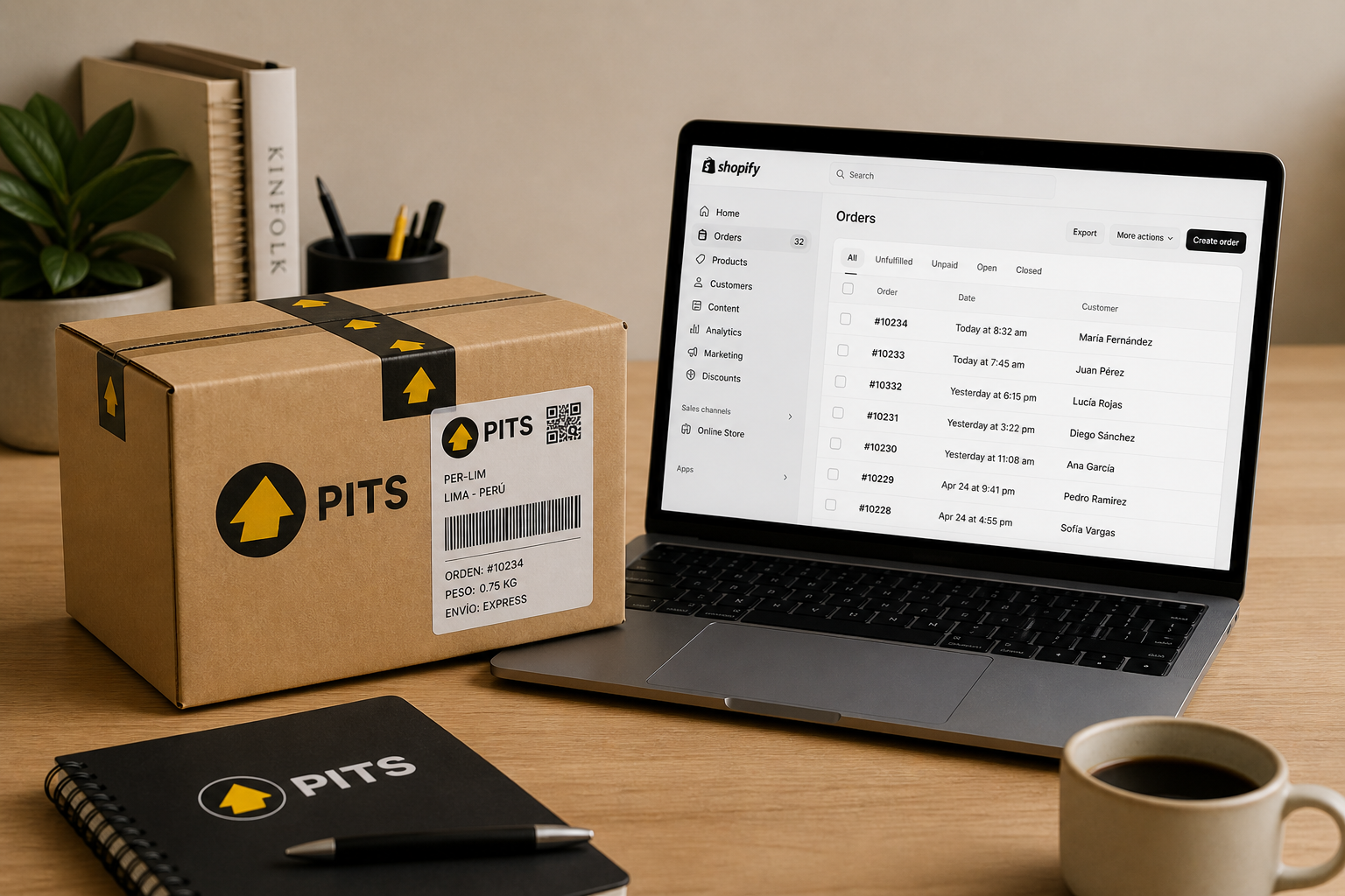 Paquete con etiqueta PITS sobre escritorio junto a laptop con admin Shopify abierto